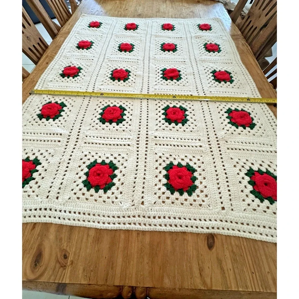 Red Rose 3D Flower Knitted Handmade Granny Square Blanket 38X46